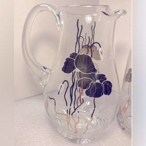 Blown Crystal Shangri-La Pitcher Gold Floral Design Turkey 1980